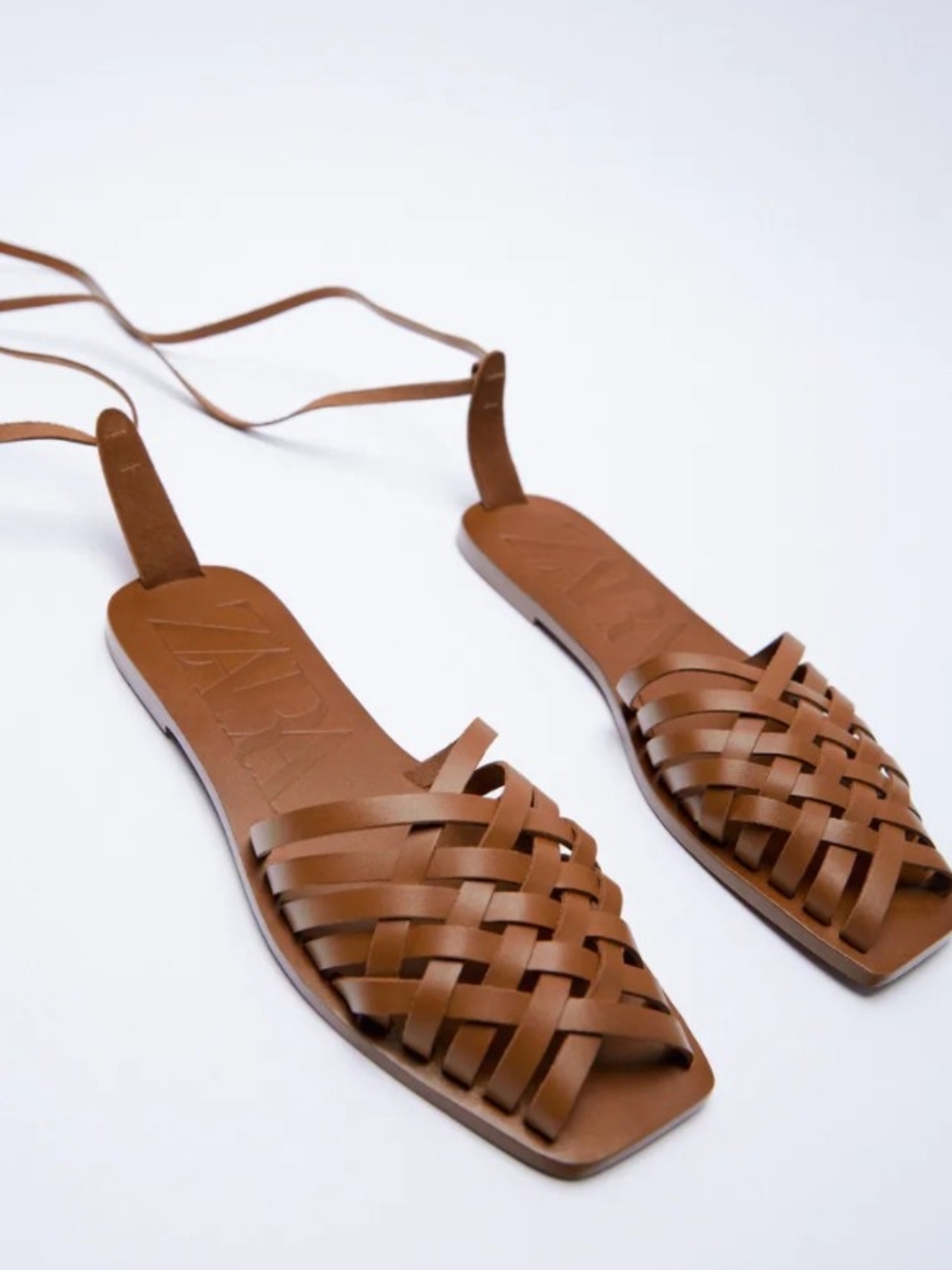 Zara Tan Woven Leather Lace-Up Sandals